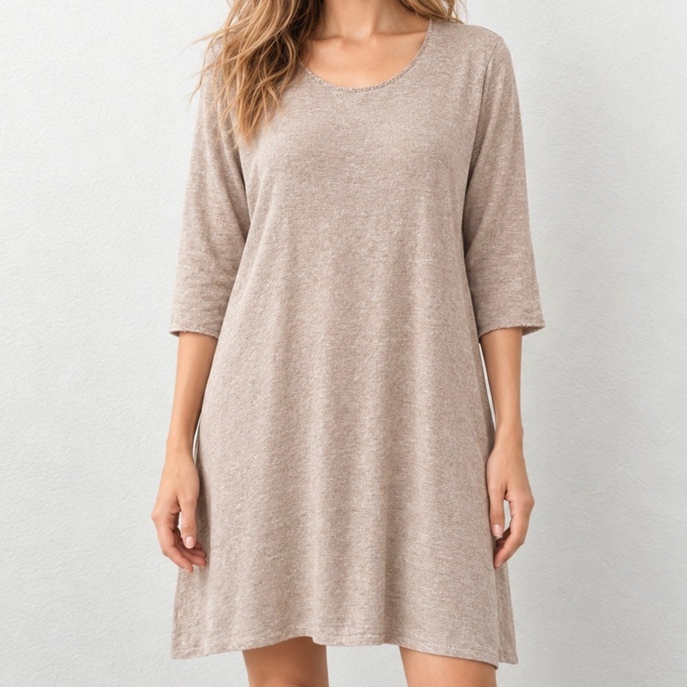Gudrun Sjoden Knit Tunic Linen Beige Taupe 3/4 Sleeve Scoop Neck 30-602-13 NEW
